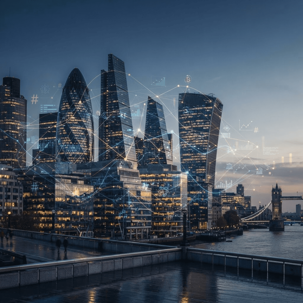 UK bank buildings at dusk connected by faint digital ledger lines