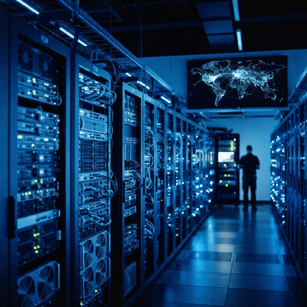 A bank data center server room with rows of blue-lit server racks