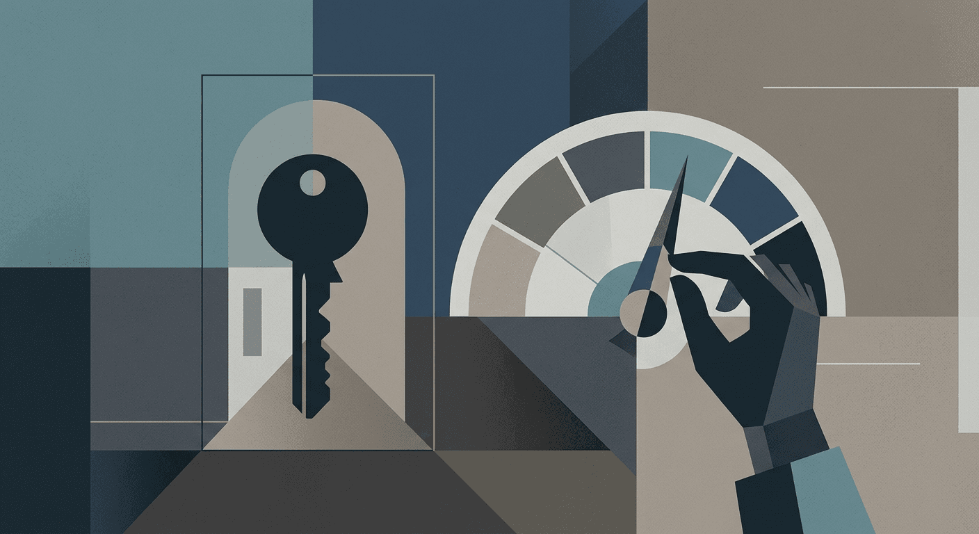 Abstract illustration of a house key beside a credit score gauge dial being adjusted
