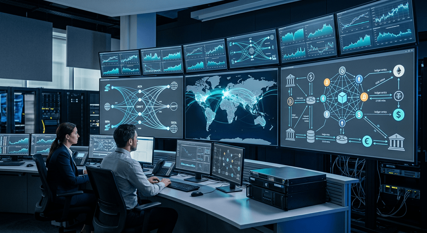 A bank payment operations control room screen showing interconnected payment rail diagrams