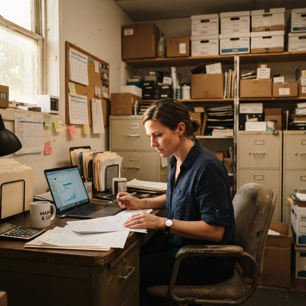 A small business owner reviewing paperwork and a laptop in a back office