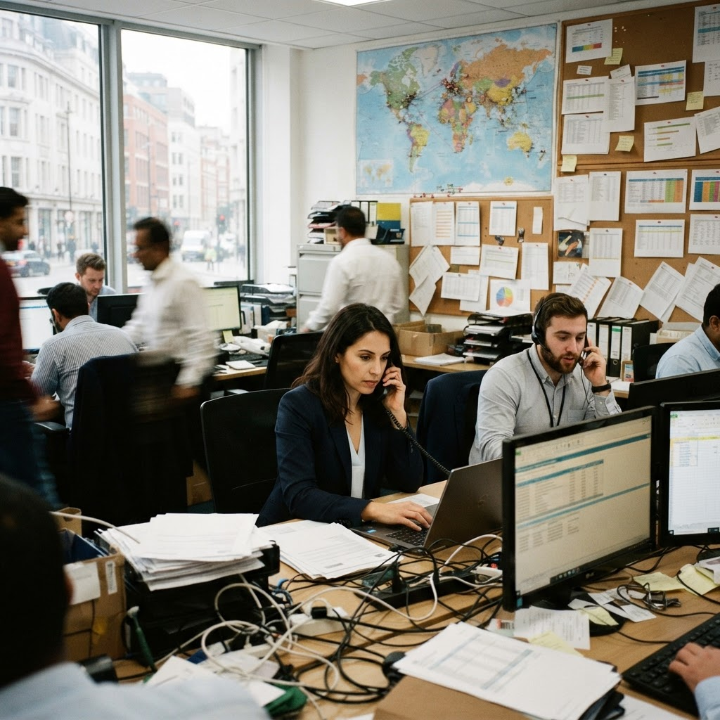 Staff in a busy import-export trading office arranging shipments beside a wall map
