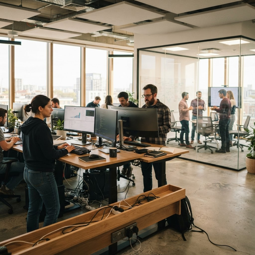 Engineers at standing desks in a modern office with glass meeting rooms