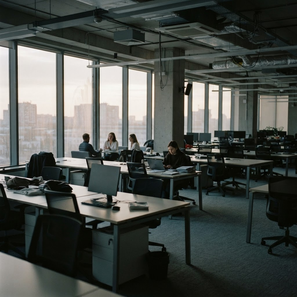 An open-plan office with rows of vacant desks in late afternoon light